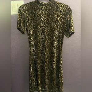 Leopard print short sleeve tight stretch turtle neck dress vintage 90s mini midi